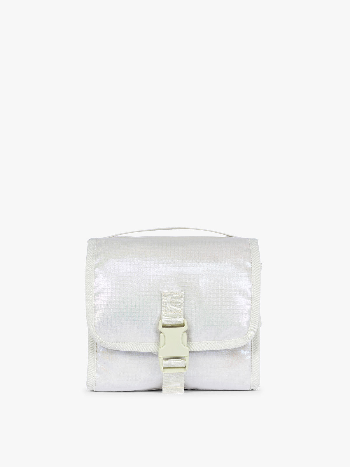 CALPAK Terra Hanging Toiletry Bag in shiny white Moonbeam with front buckle; THY2201-MOONBEAM