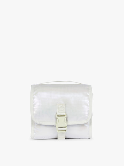 CALPAK Terra Hanging Toiletry Bag in shiny white Moonbeam with front buckle; THY2201-MOONBEAM view 1