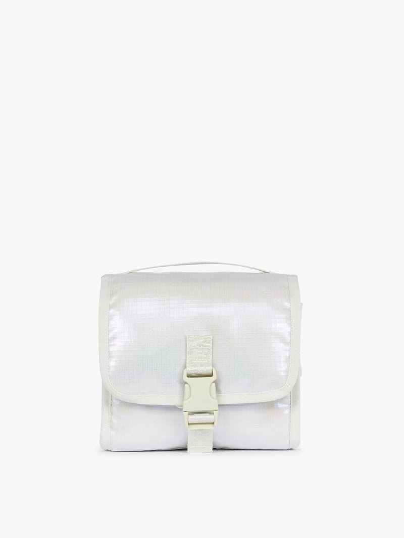 CALPAK Terra Hanging Toiletry Bag in shiny white Moonbeam with front buckle