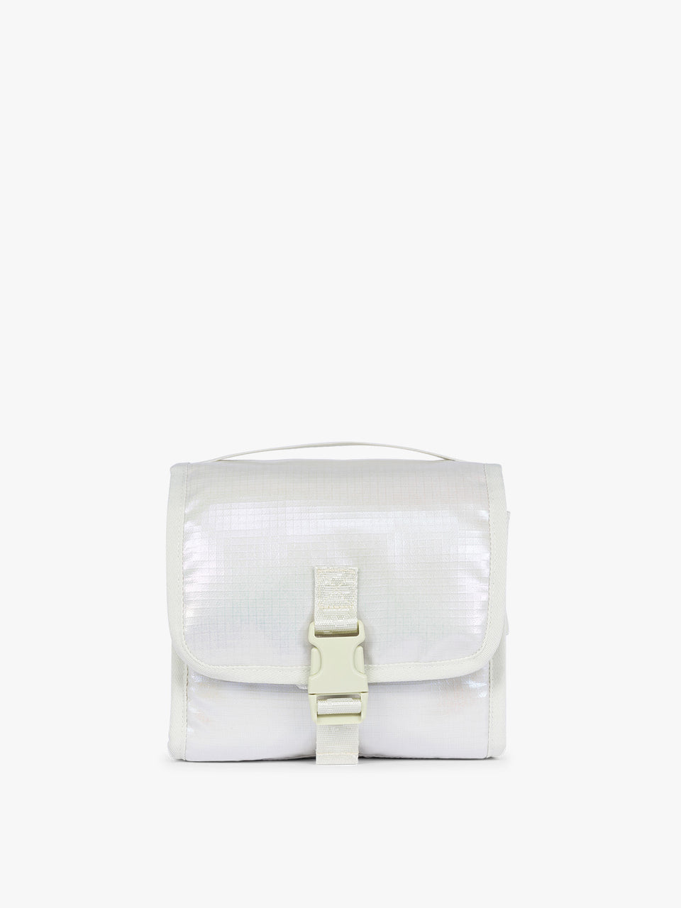 CALPAK Terra Hanging Toiletry Bag in shiny white Moonbeam with front buckle; THY2201-MOONBEAM