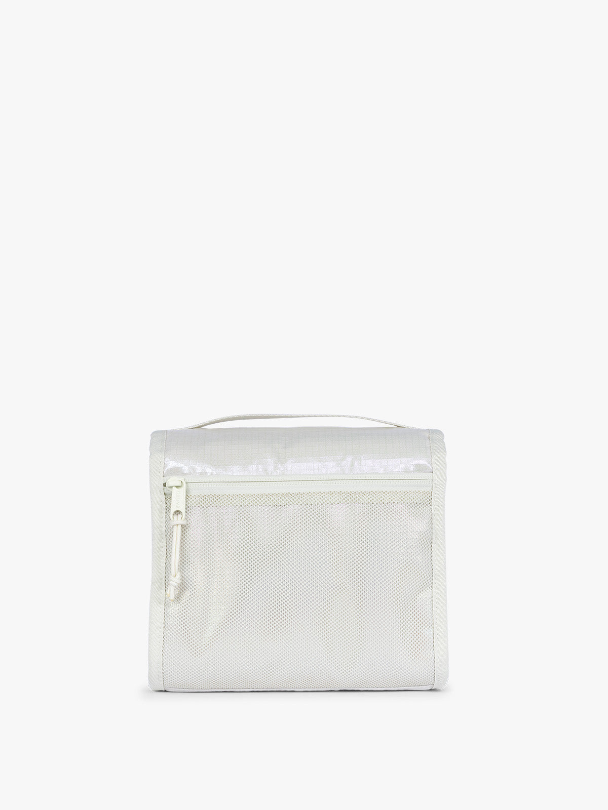 Backside of CALPAK Terra Hanging Toiletry Bag in shiny white Moonbeam with front buckle; THY2201-MOONBEAM
