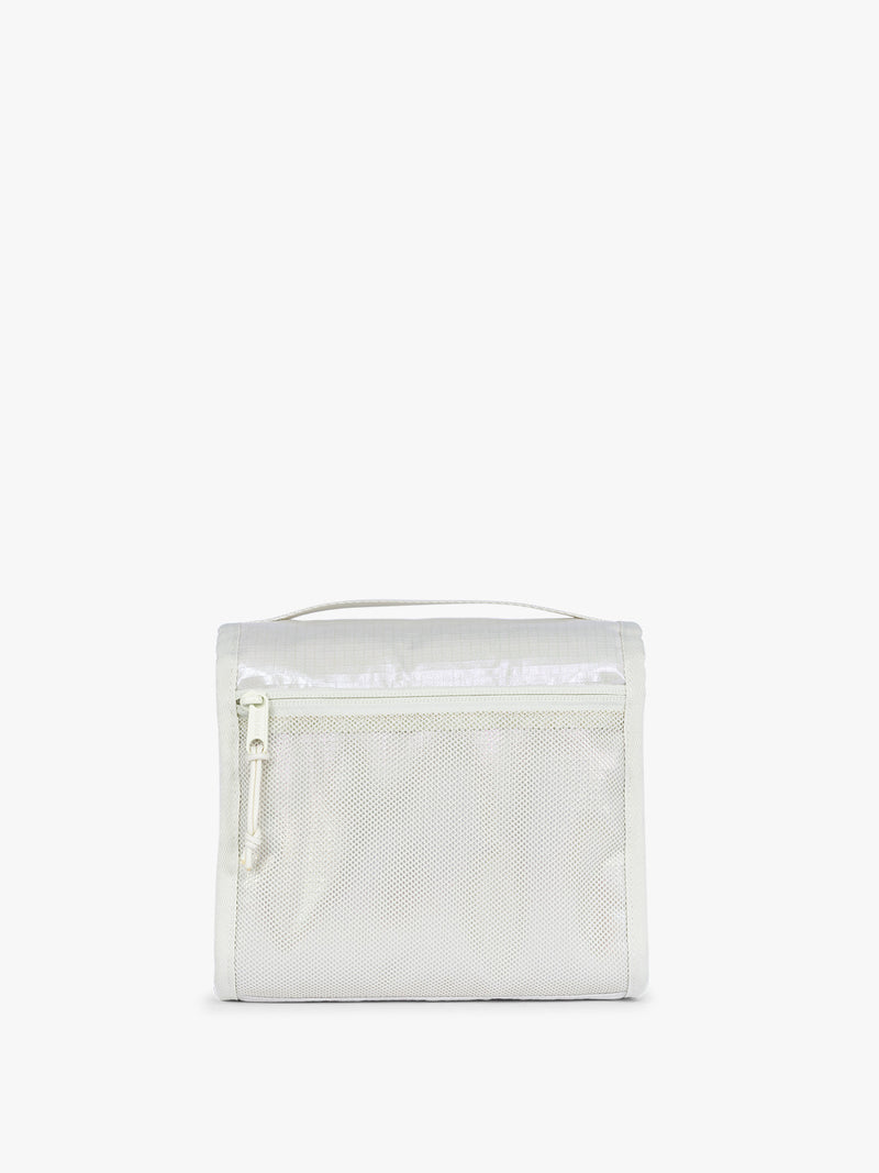 Backside of CALPAK Terra Hanging Toiletry Bag in shiny white Moonbeam with front buckle