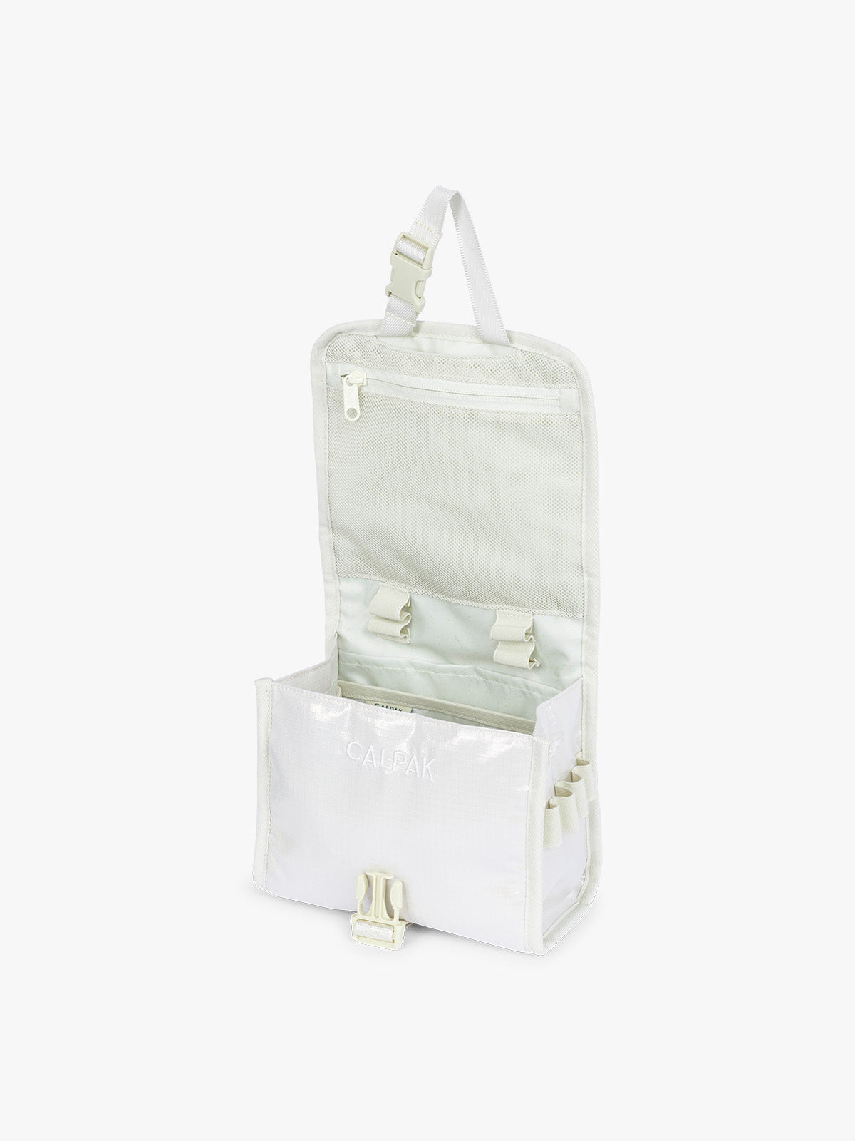 Opened CALPAK Terra Hanging Toiletry Bag in shiny white Moonbeam with front buckle; THY2201-MOONBEAM