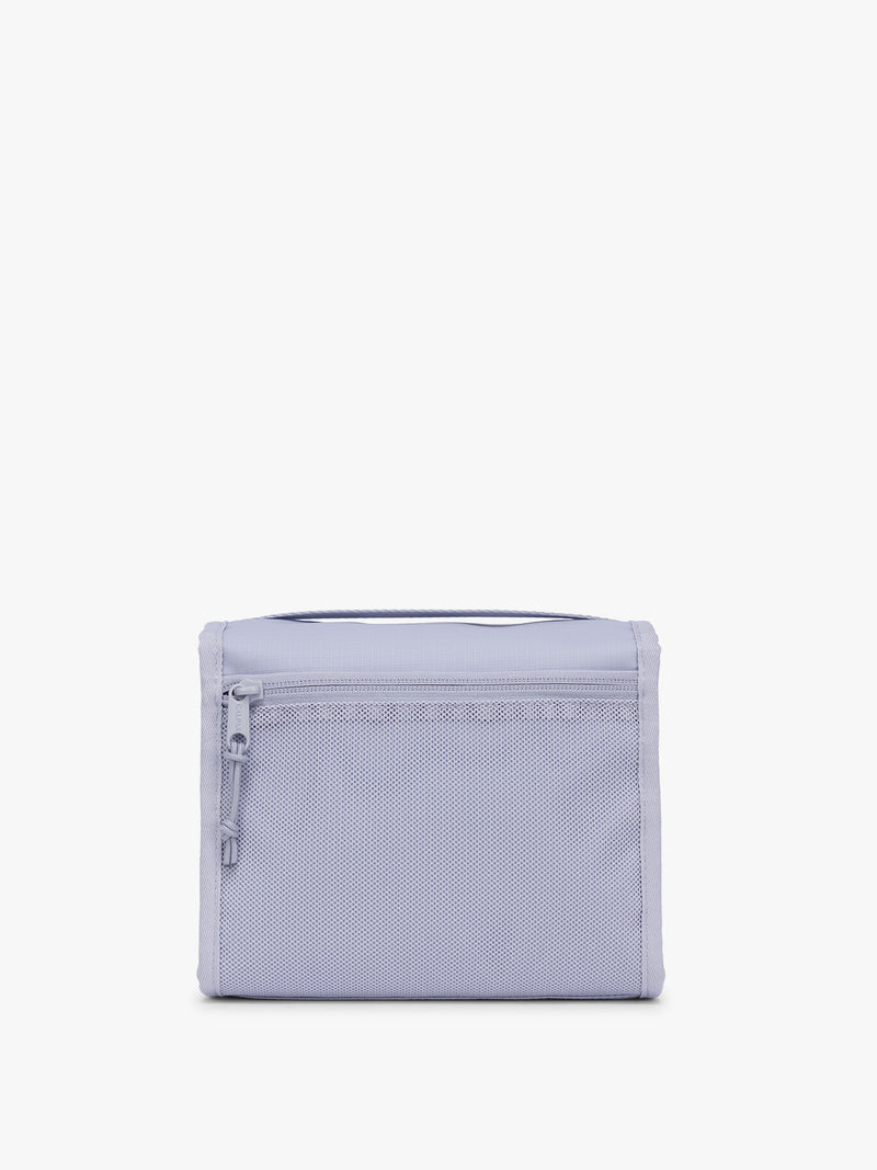 Backside of CALPAK Terra Hanging Toiletry Bag in light purple Sea Glass with front buckle