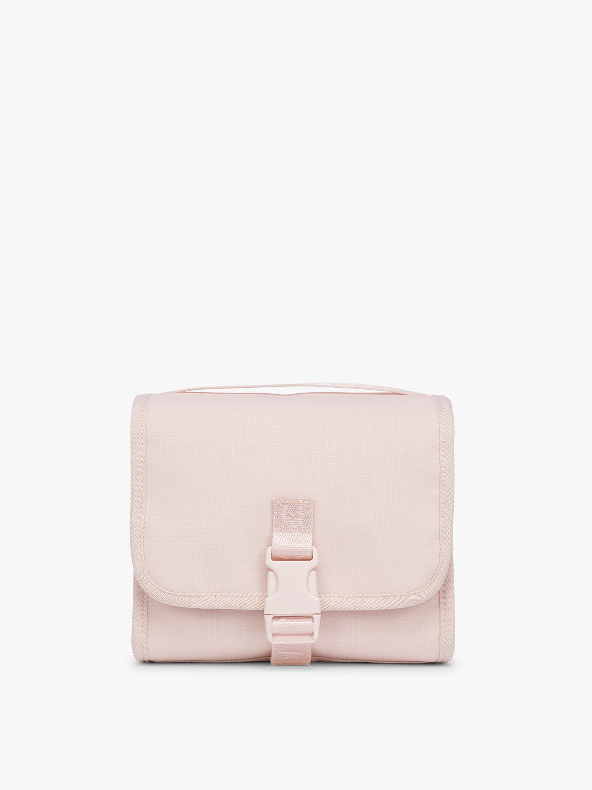 CALPAK Terra Hanging Toiletry Bag in light pink Shell Pink with front buckle; THY2201-SHELL-PINK
