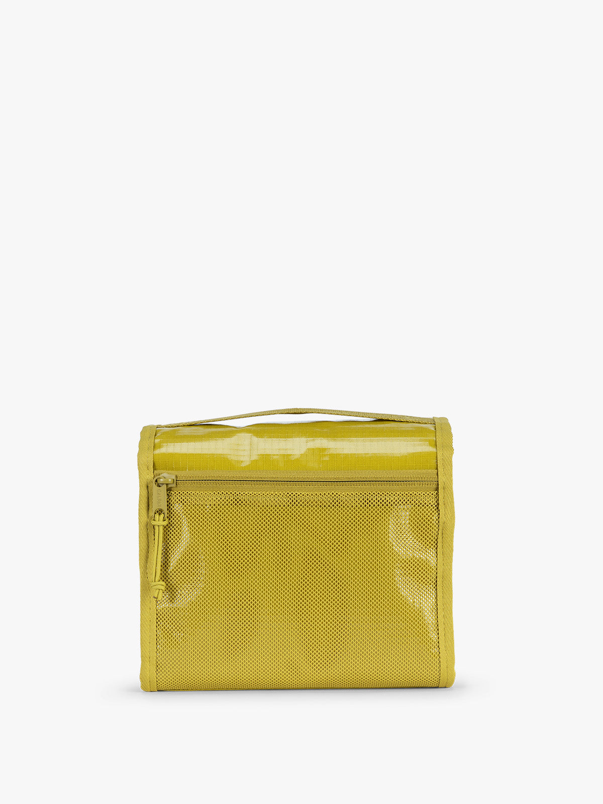 Back side with zipper of CALPAK Terra Hanging Toiletry Bag to store makeup and toiletries in yellow green Wasabi on a white background; THY2201-WASABI