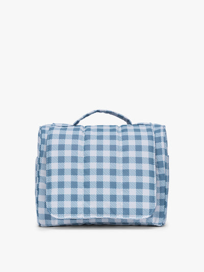 CALPAK Luka Hanging Toiletry Bag in white and blue gingham print in French Blue Gingham; TLH2301-FRENCH-BLUE-GINGHAM view 1