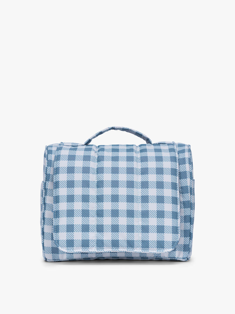 CALPAK Luka Hanging Toiletry Bag in white and blue gingham print in French Blue Gingham