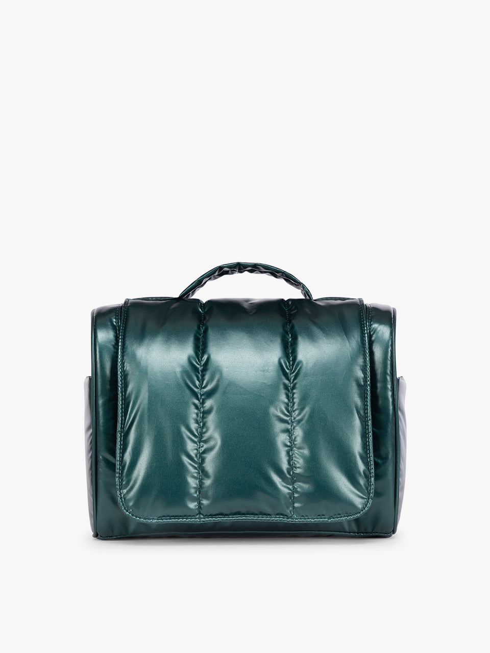 CALPAK Luka Hanging Toiletry Bag in dark green shiny Kale; TLH2301-GLAZED-KALE