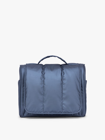CALPAK Luka Hanging Toiletry Bag in metallic dark blue material in Metallic Indigo; TLH2301-METALLIC-INDIGO view 1