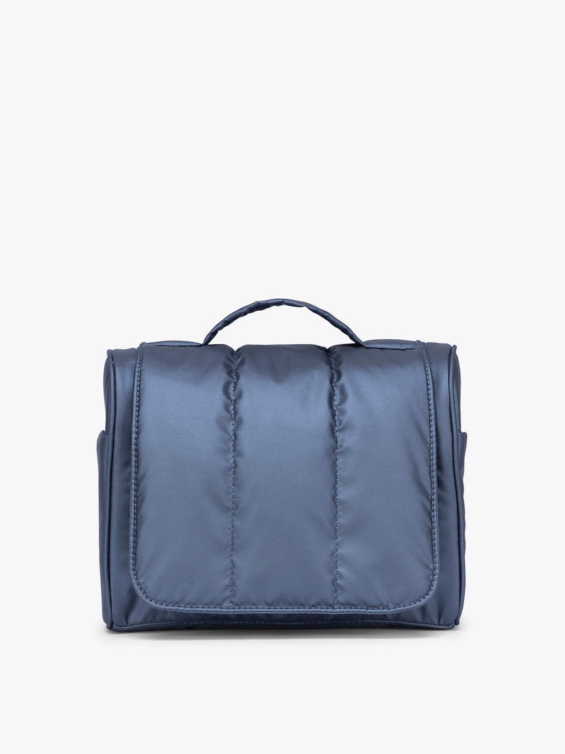 CALPAK Luka Hanging Toiletry Bag in metallic dark blue material in Metallic Indigo