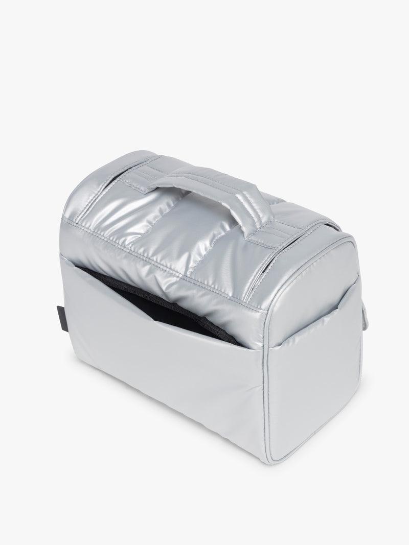 Back view of CALPAK Luka Hanging Toiletry Bag in Silver