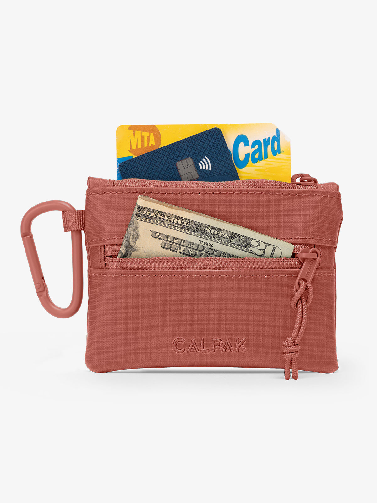 CALPAK Terra Clippable Card Pouch in red and orange Matte Clay utilized as wallet; TPC2401-CLAY