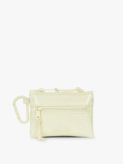 CALPAK Terra Clippable Card Pouch in light green Celadon on a white background with a carabiner; TPC2401-CELADON view 1