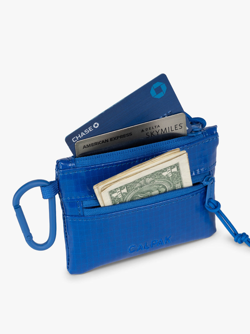 CALPAK Terra Clippable Card Pouch in blue Cobalt with items