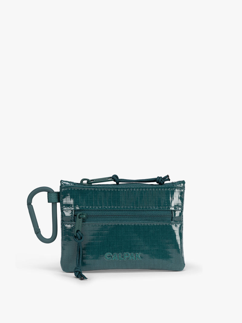 Kale blue green of CALPAK Terra Clippable Card Pouch with carabiner clip and zipper on a white background