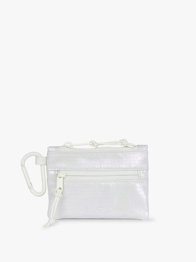 CALPAK Terra Clippable Card Pouch in shiny white Moonbeam on a white background with a carabiner; TPC2401-MOONBEAM view 1