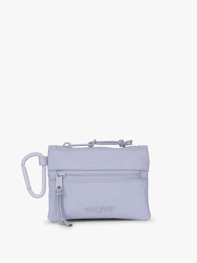 CALPAK Terra Clippable Card Pouch in light purple lavender Sea Glass on a white background with a carabiner; TPC2401-SEA-GLASS view 1