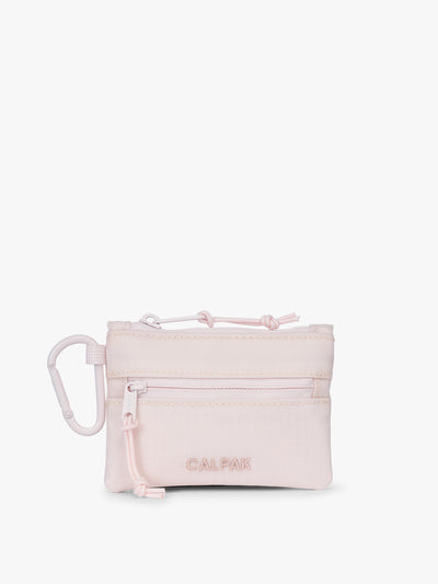 CALPAK Terra Clippable Card Pouch in shiny pink Shell Pink on a white background with a carabiner; TPC2401-SHELL-PINK view 1