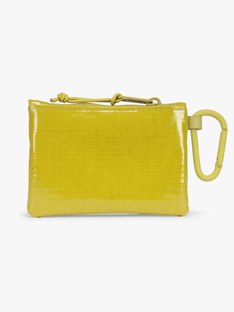 Backside of yellow green Wasabi of CALPAK Terra Clippable Card Pouch with carabiner clip and zipper on a white background