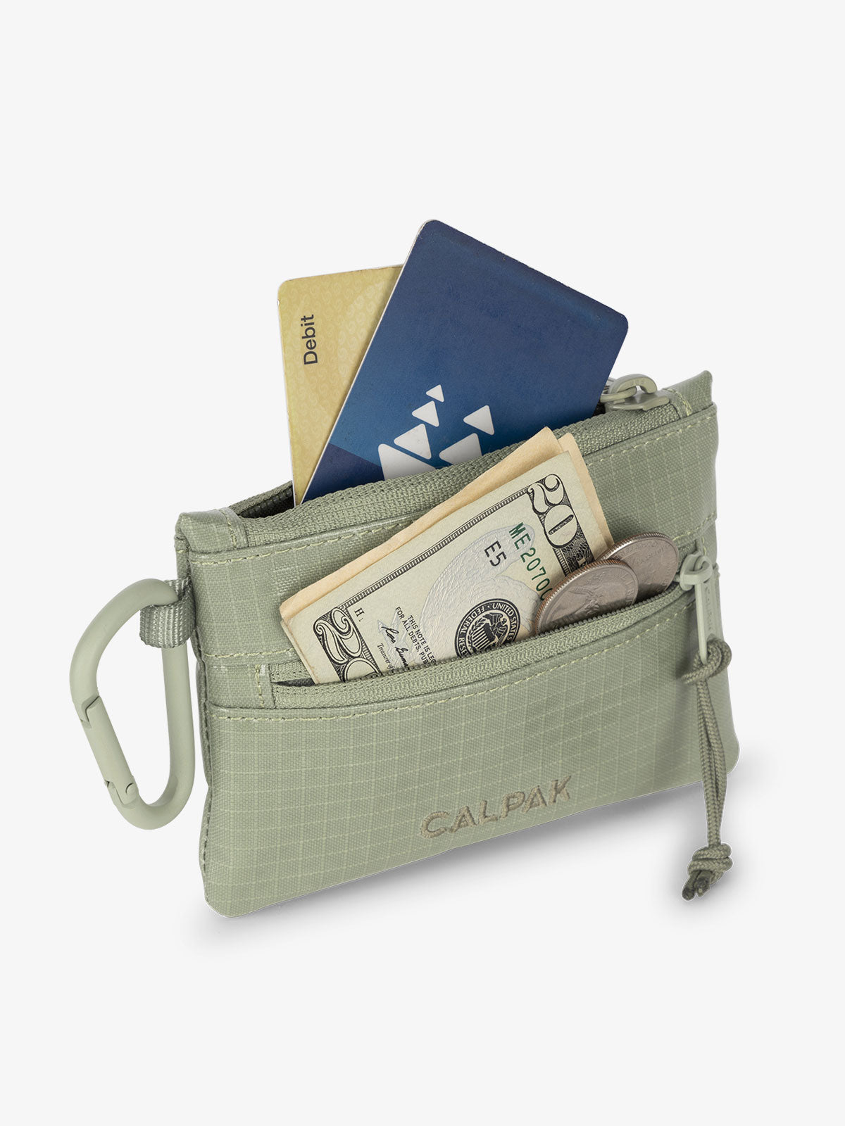 CALPAK Terra Clippable Card Pouch in olive green Juniper being used as card and cash wallet; TPC2401-JUNIPER