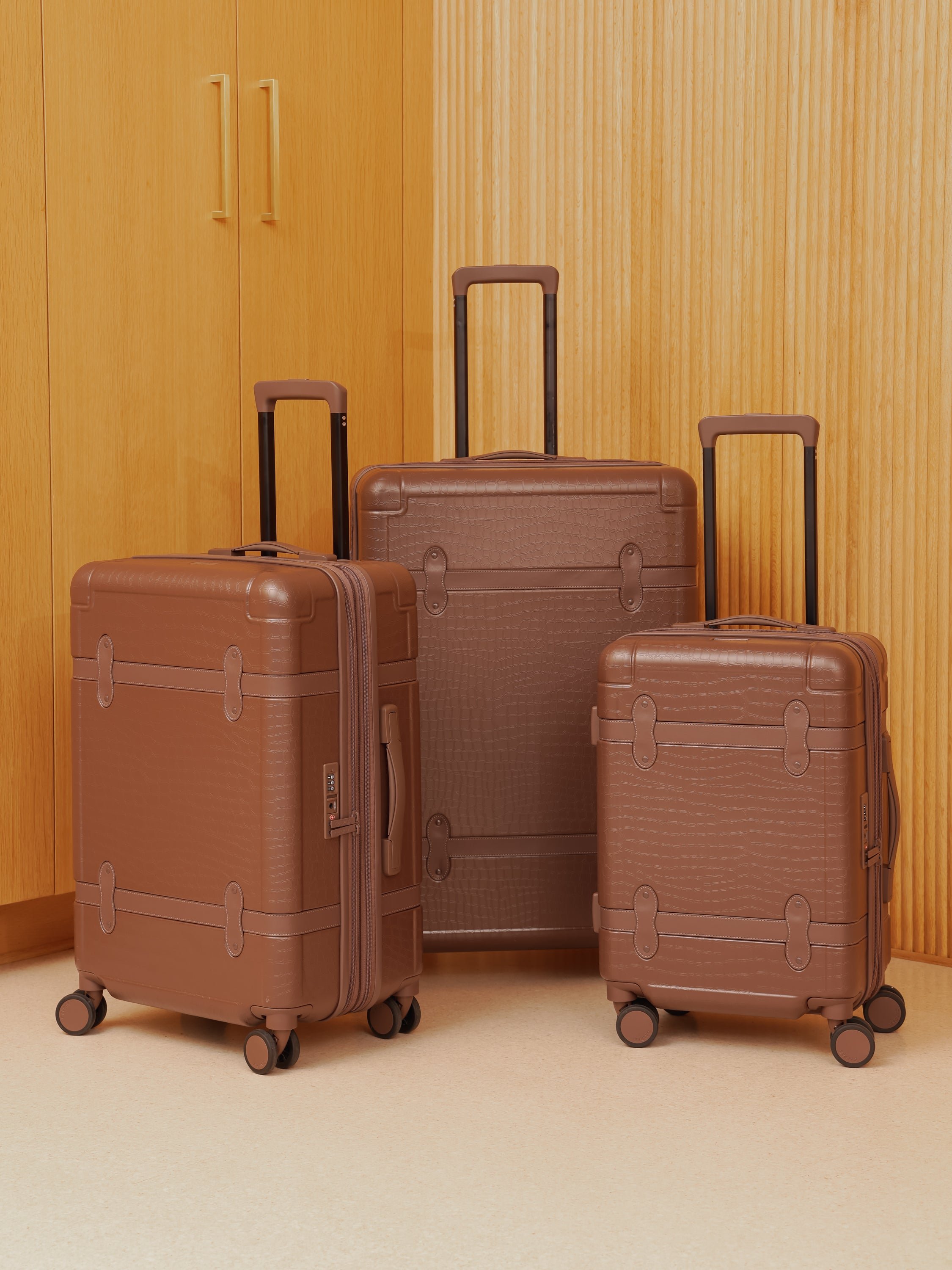 CALPAK TRNK 3 piece luggage set with hard shell exterior and 360 spinner wheels in espresso