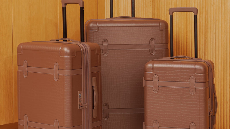 CALPAK Trnk Carry On, Medium, and Large Luggage in brown Espresso size comparison