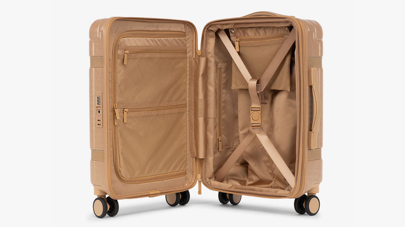 CALPAK Trnk Carry On Luggage in light brown Almond opened interior