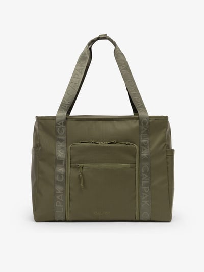 CALPAK Terra 35L Water Resistant Zippered Tote Bag in dark green Matte Pine front view; TTO2401-PINE