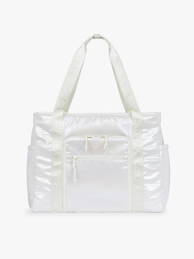CALPAK Terra 35L Tote Bag with multiple pockets and shoulder straps in shiny white Moonbeam on a white background; TTO2401-MOONBEAM view 1
