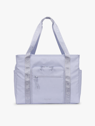 CALPAK Terra 35L Tote Bag with multiple pockets and shoulder straps in shiny light lavender Sea Glass on a white background; TTO2401-SEA-GLASS view 1