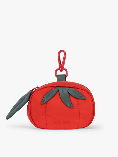 CALPAK Tomato Zip Bag Charm with green leaf zipper and red clip; TZP2601-TOMATO view 1