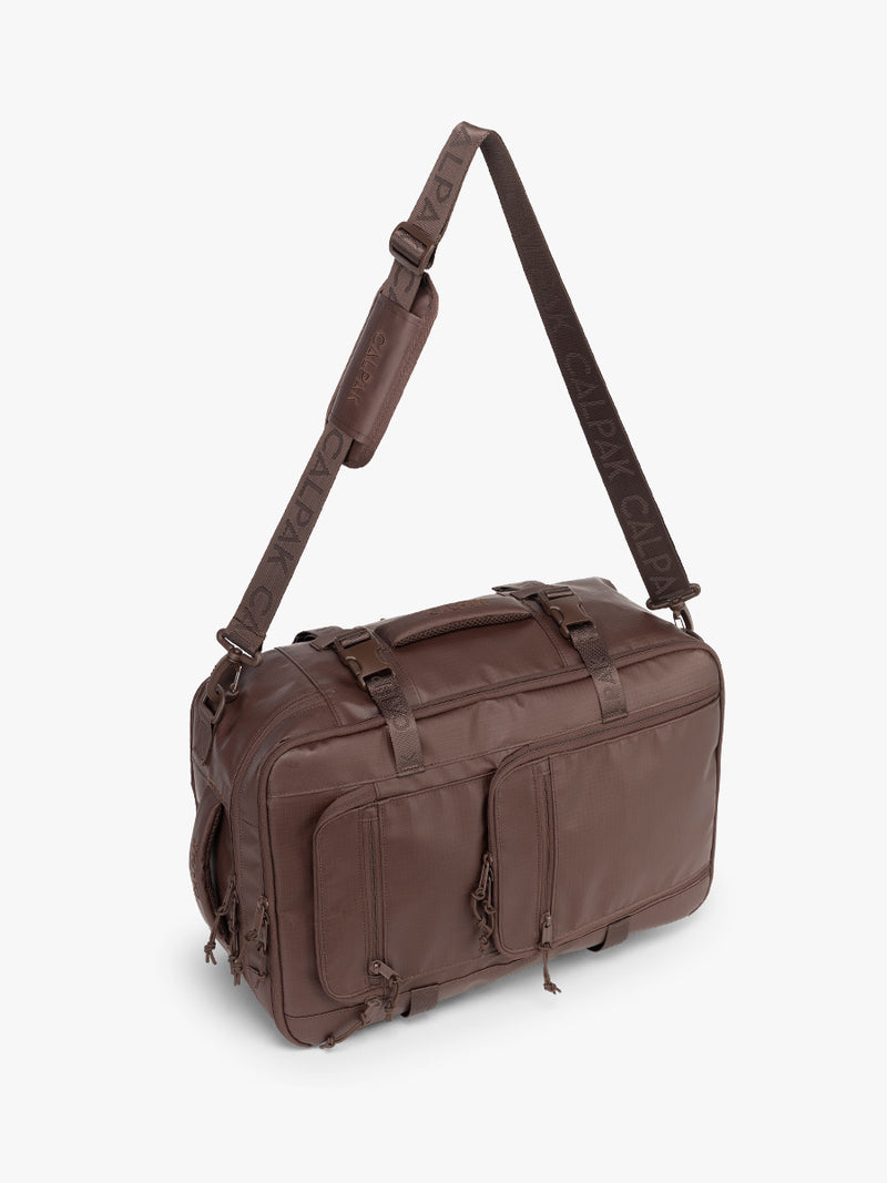 CALPAK Terra 26L Laptop Duffel Backpack in brown Walnut duffel angle view