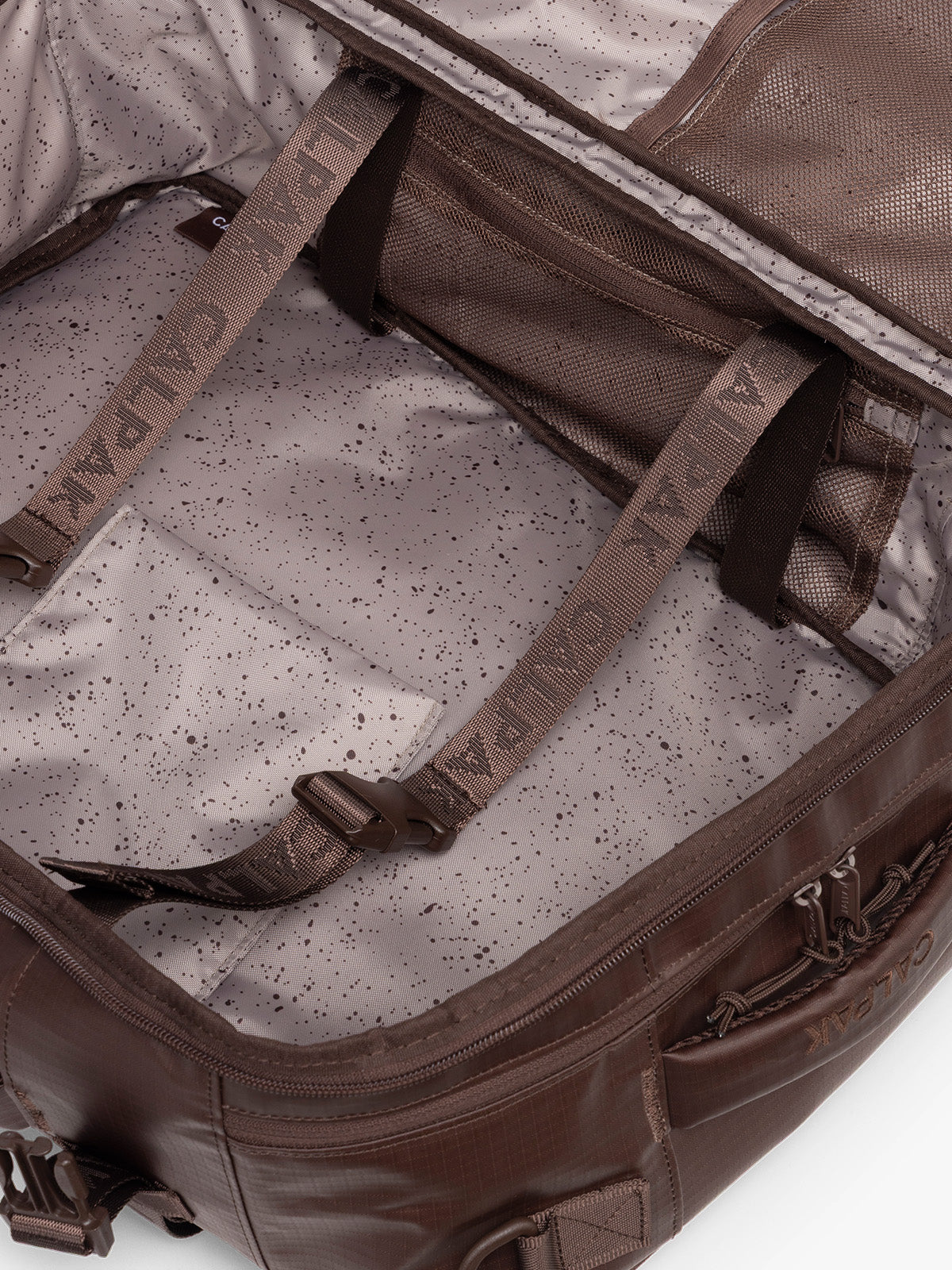 CALPAK Terra 26L Laptop Duffel Backpack in brown Walnut interior view;  BPH2201-WALNUT