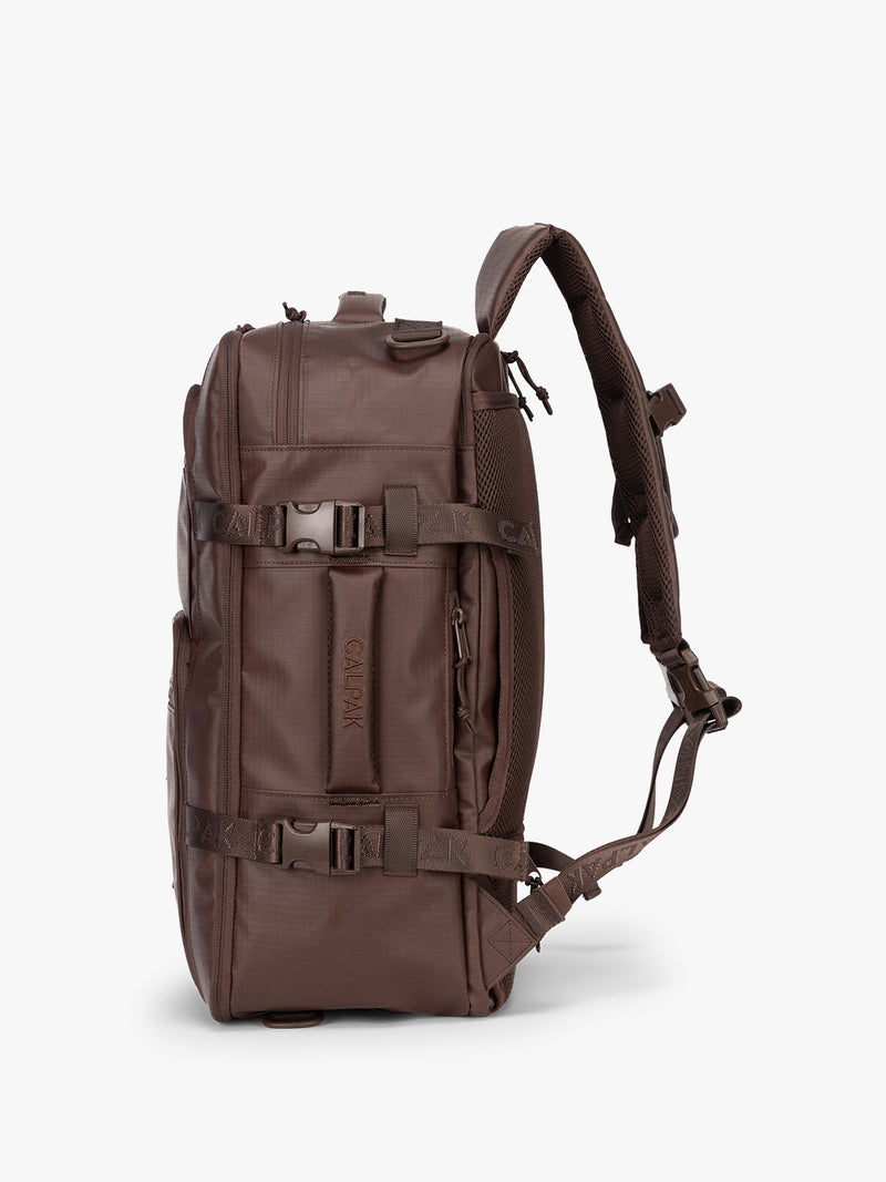 CALPAK Terra 26L Laptop Duffel Backpack in brown Walnut side view