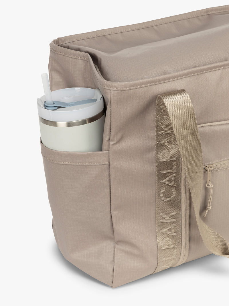 CALPAK Terra 35L Tote in beige Stone side water bottle holder