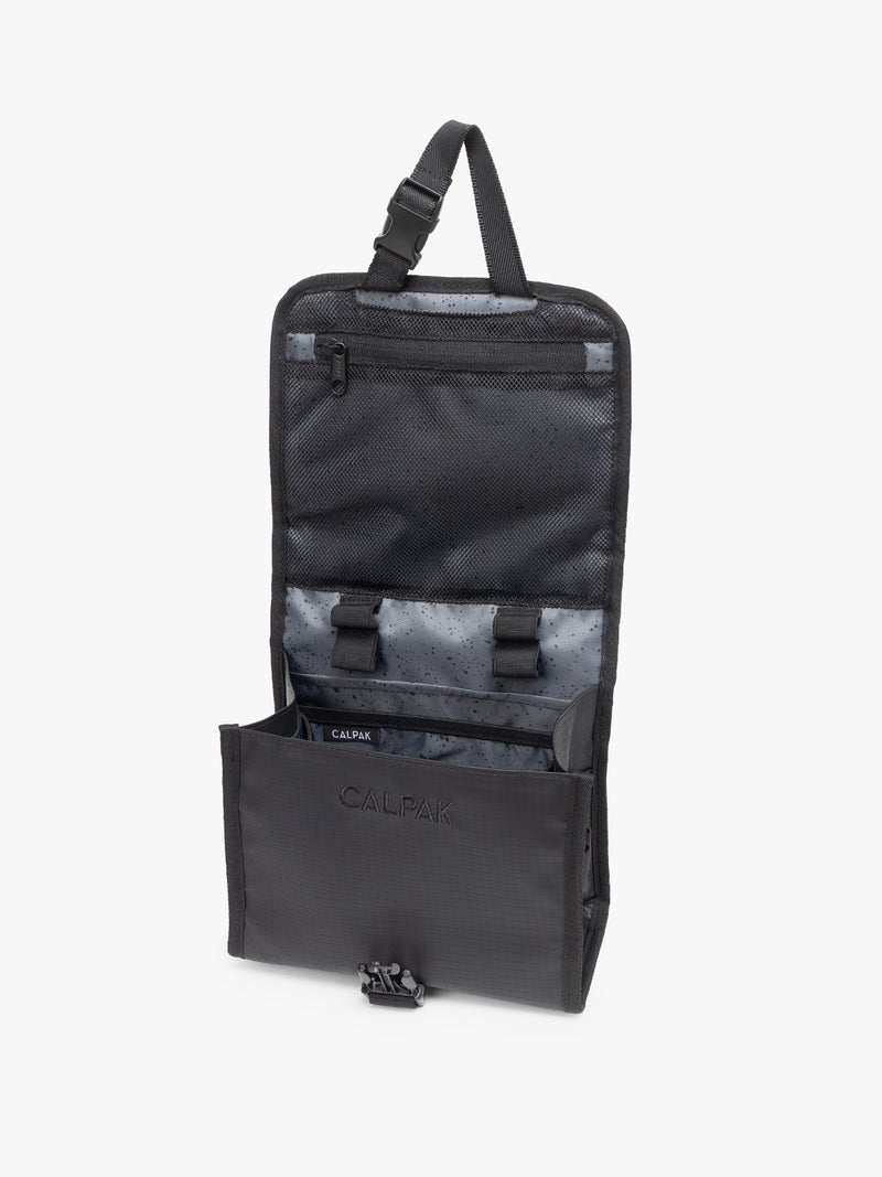 CALPAK Terra Hanging Toiletry Bag in black Matte Obsidian opened view