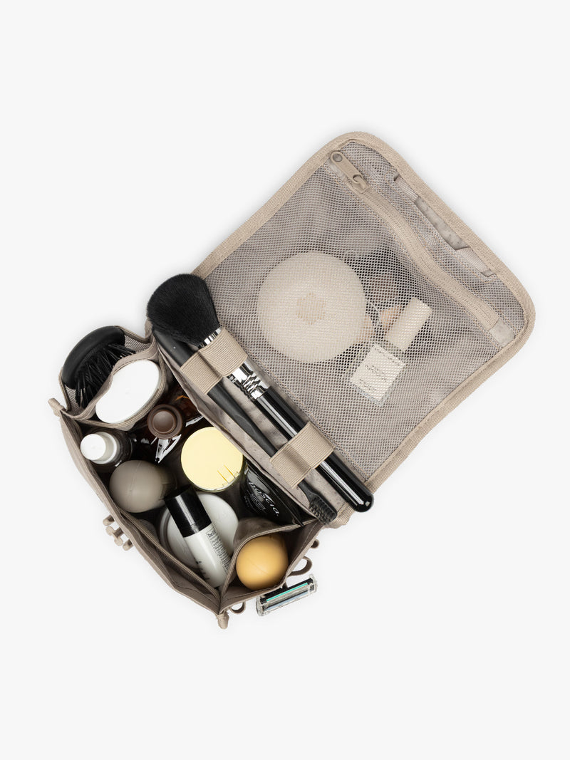 CALPAK Terra Hanging Toiletry Bag in beige Stone inside view