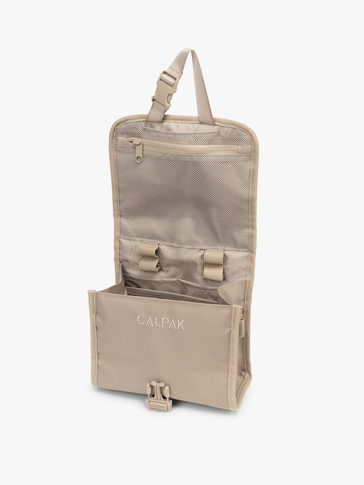 CALPAK Terra Hanging Toiletry Bag in beige Stone opened view; THY2201-STONE