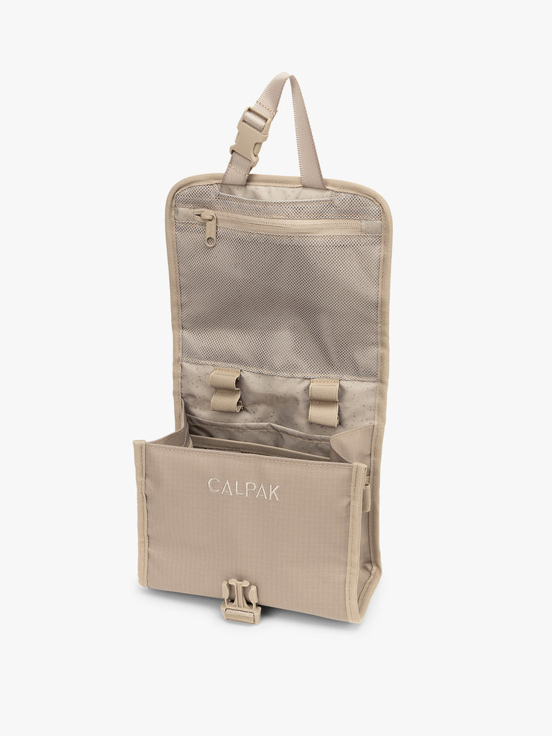 CALPAK Terra Hanging Toiletry Bag in beige Stone opened view