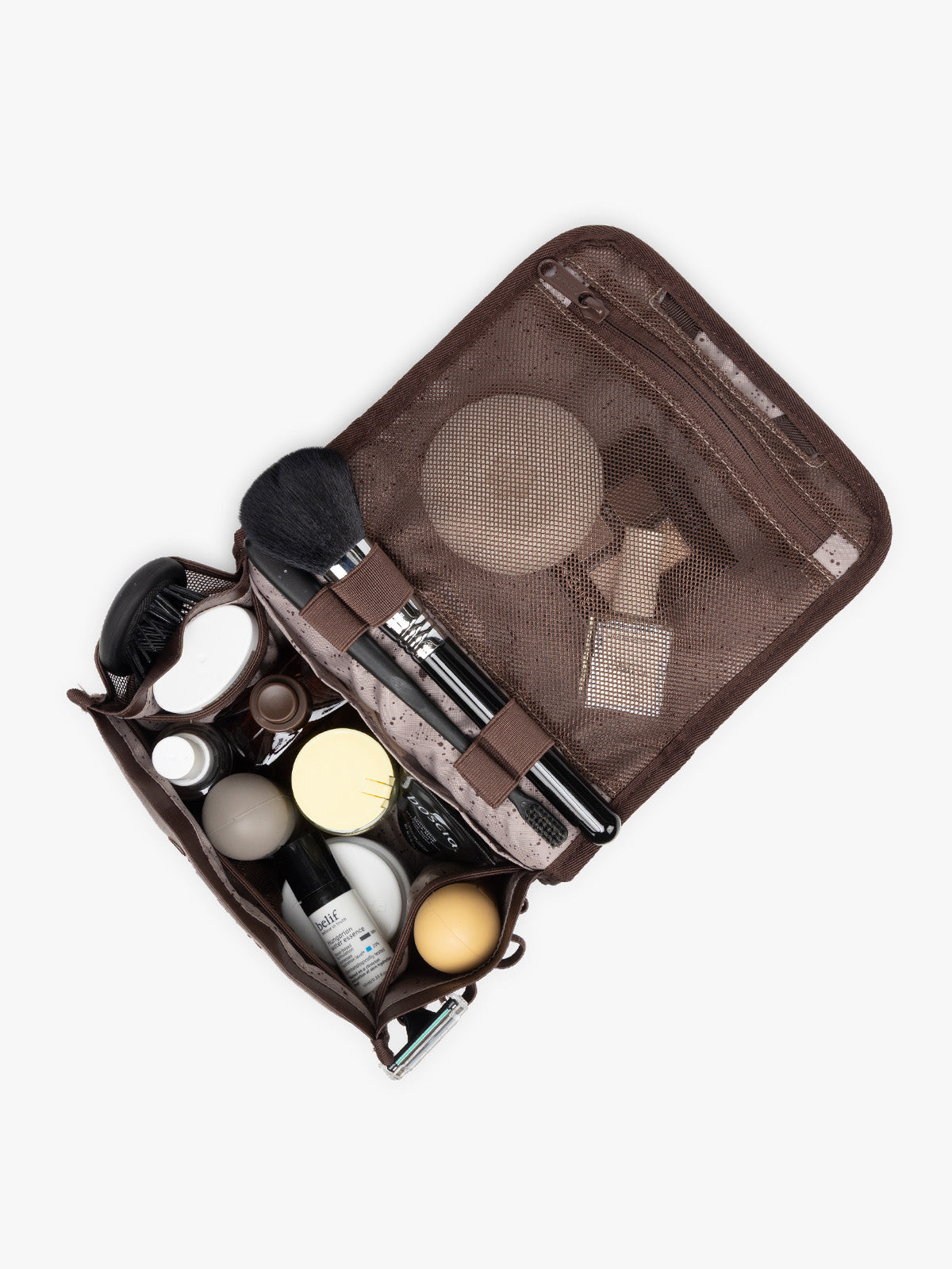 CALPAK Terra Hanging Toiletry Bag in brown Walnut inside view; THY2201-WALNUT