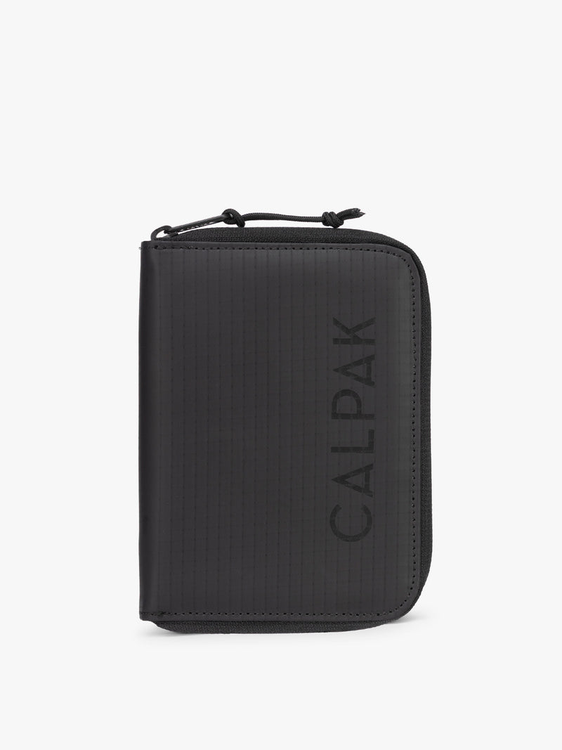 CALPAK Terra Zippered Passport Wallet in black Matte Obsidian front view