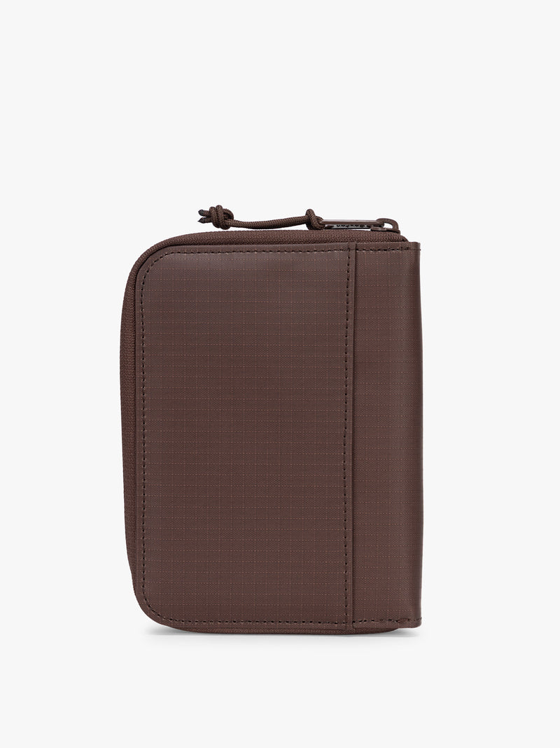 CALPAK Terra Zippered Passport Wallet in brown Walnut back view