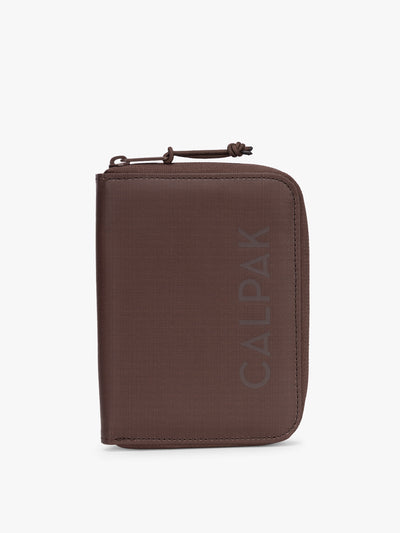 CALPAK Terra Zippered Passport Wallet in brown Walnut front view; ATPW2501-WALNUT view 1