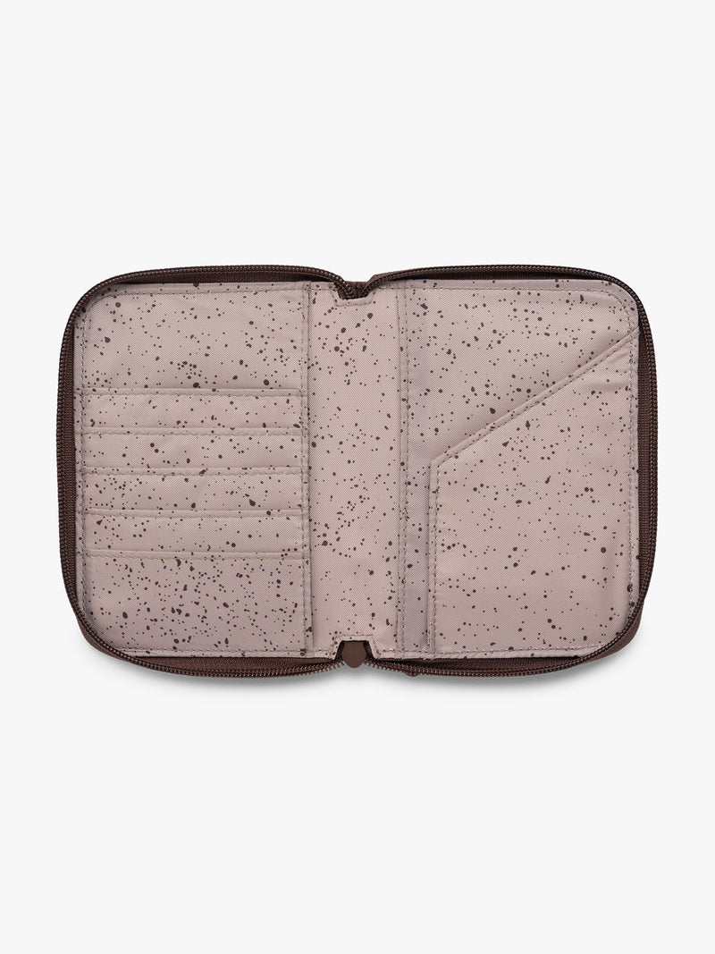 CALPAK Terra Zippered Passport Wallet in brown Walnut opened view