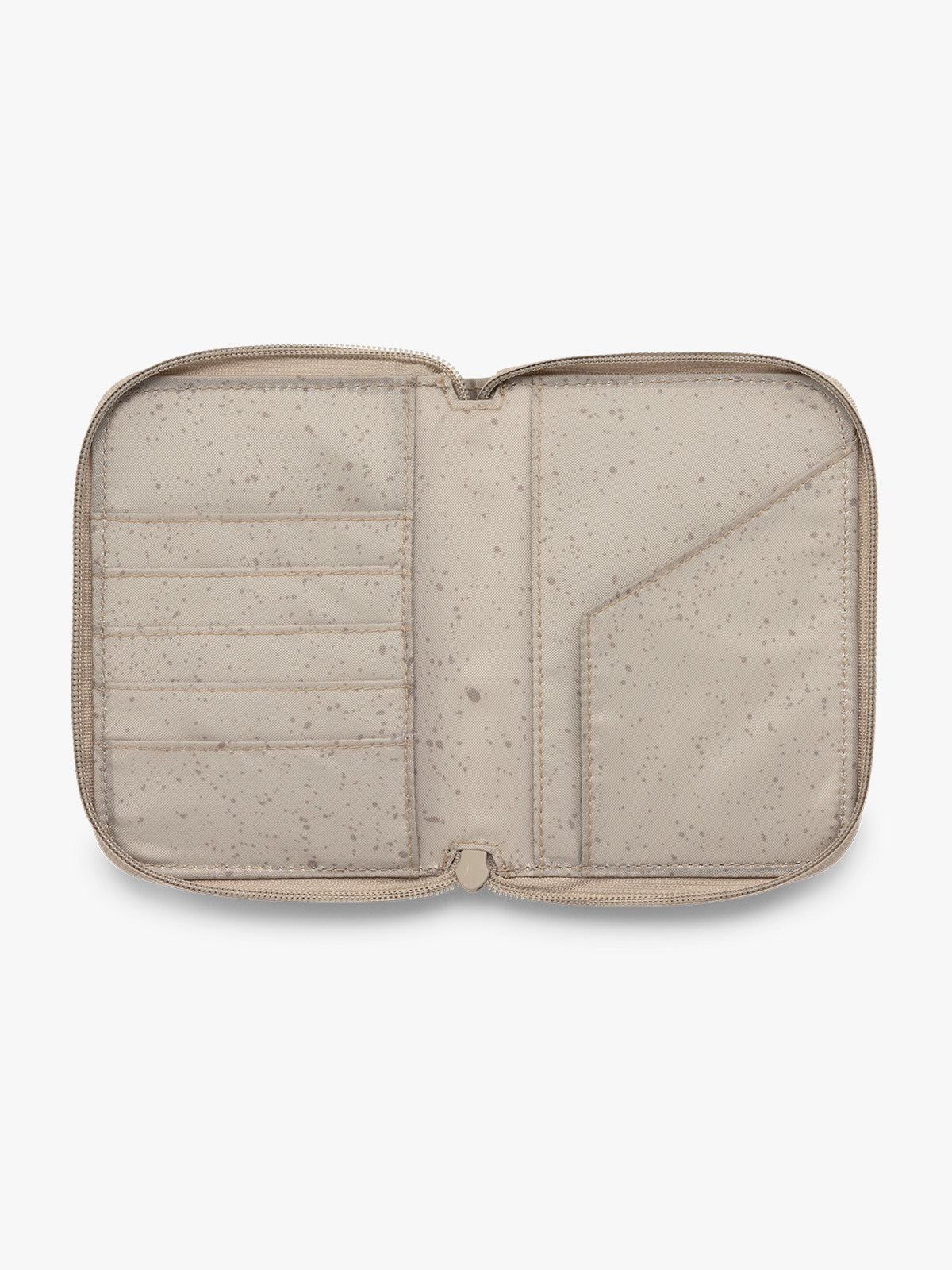 CALPAK Terra Zippered Passport Wallet in beige Stone opened view; ATPW2501-STONE