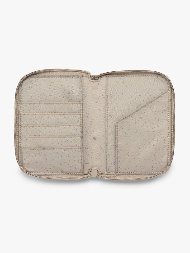 CALPAK Terra Zippered Passport Wallet in beige Stone opened view