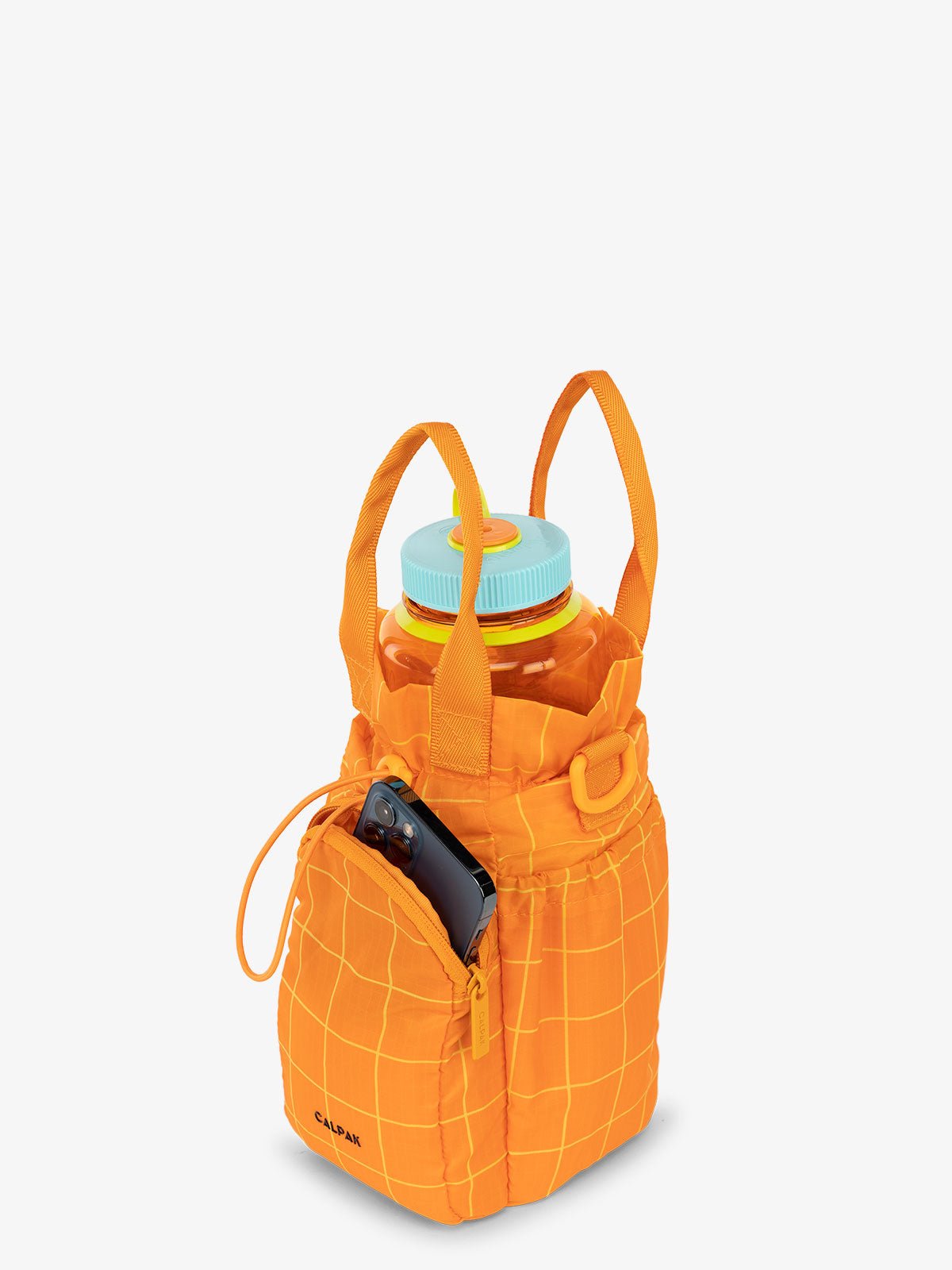 CALPAK Water Bottle carrier with zippered pocket in orange grid print