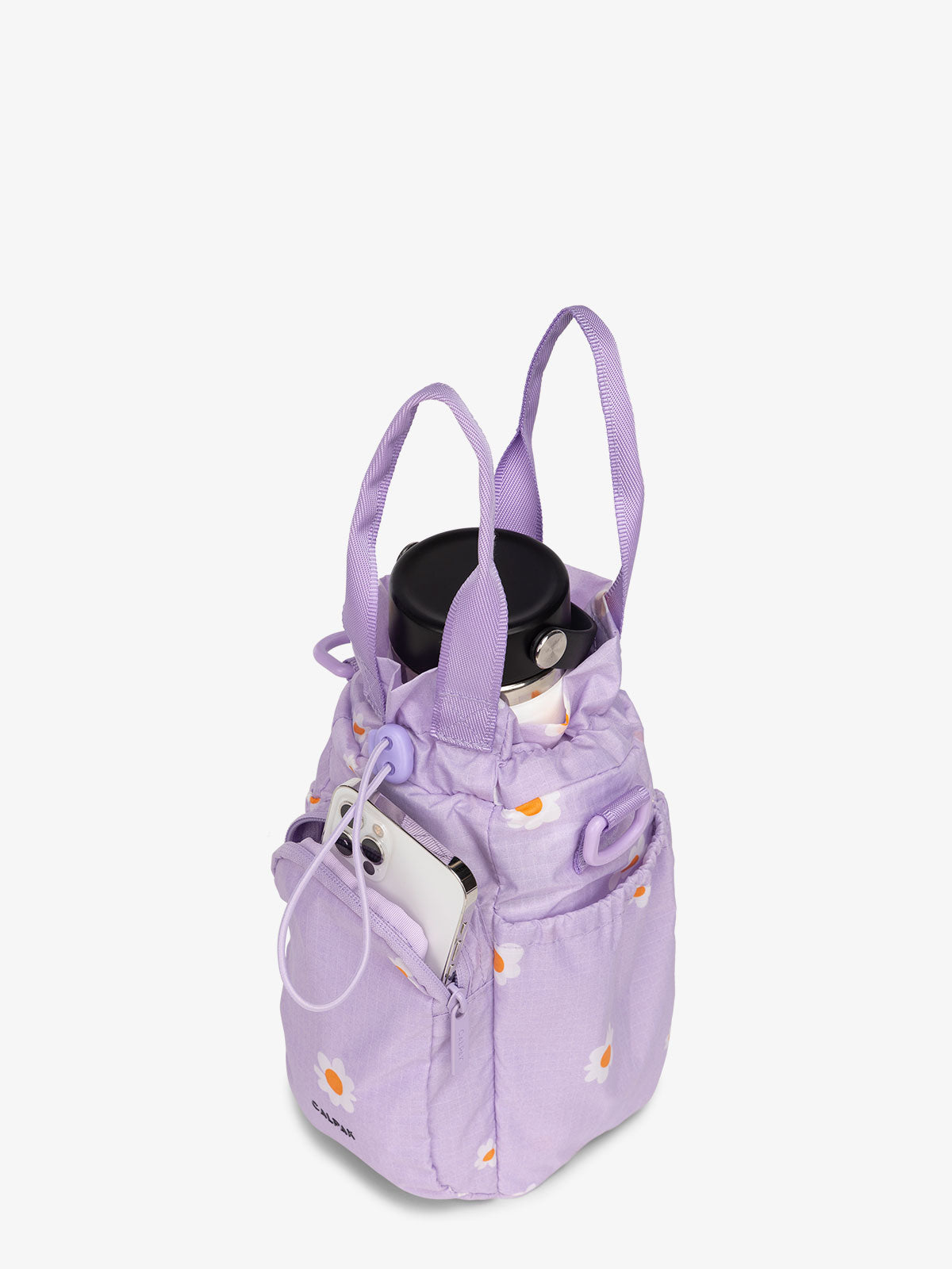 CALPAK Water Bottle carrier with zippered pocket in orchid fields purple; AWH2101-ORCHID-FIELDS