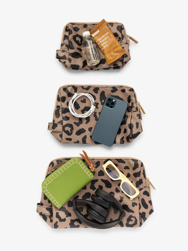 CALPAK waterproof zippered pouch set in size small, medium, and large in cheetah